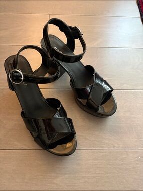 Divided Black Patent Platform Ankle-Strap Sandals
